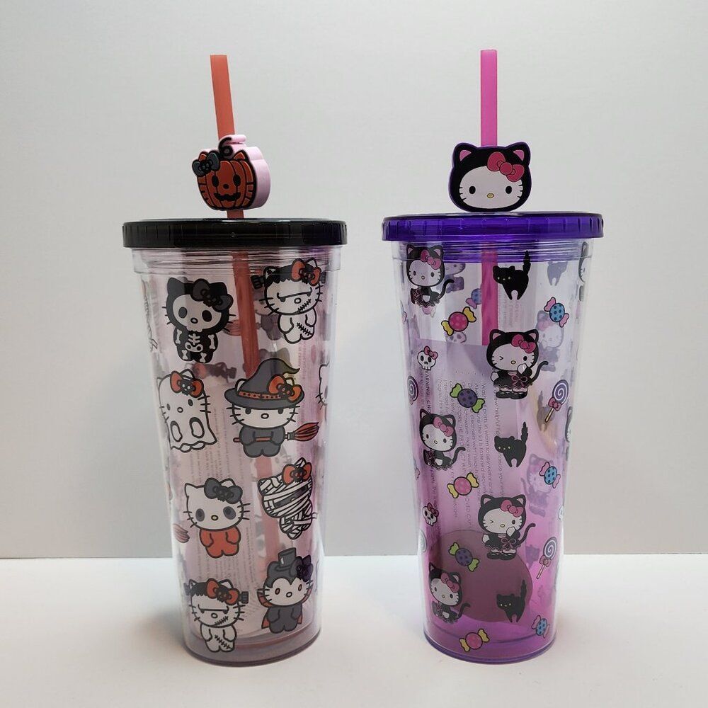 Hello Kitty Halloween Cup Set with Lids, Straw Toppers, 24 Ounces, Sanrio, Candy